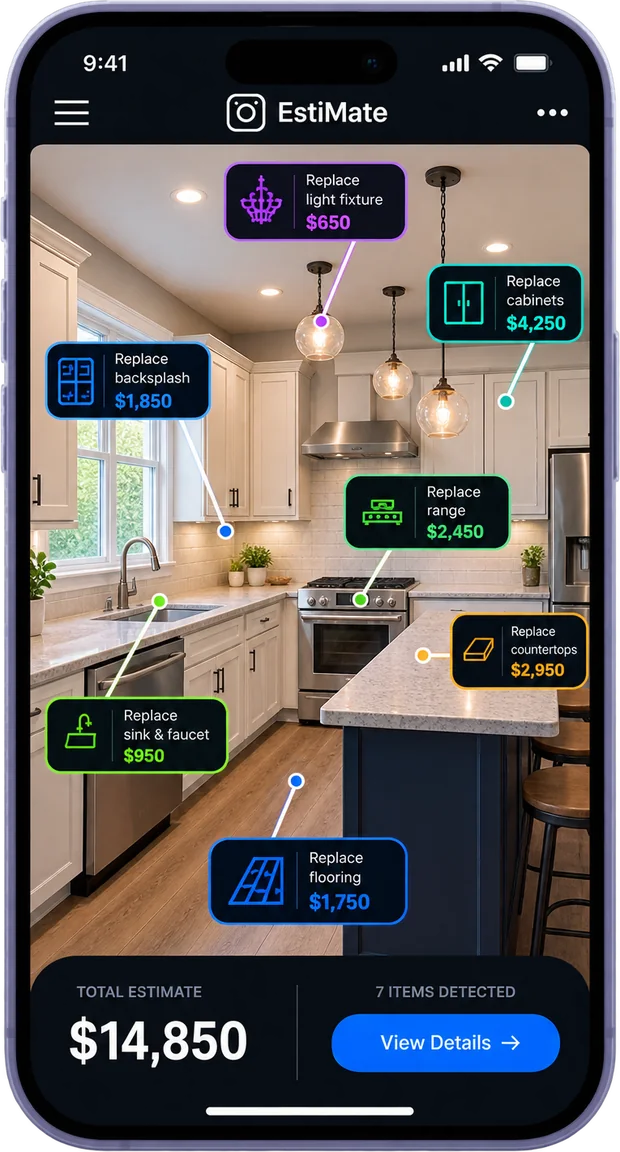 EstiMate on a phone: a kitchen with every repair tagged and priced