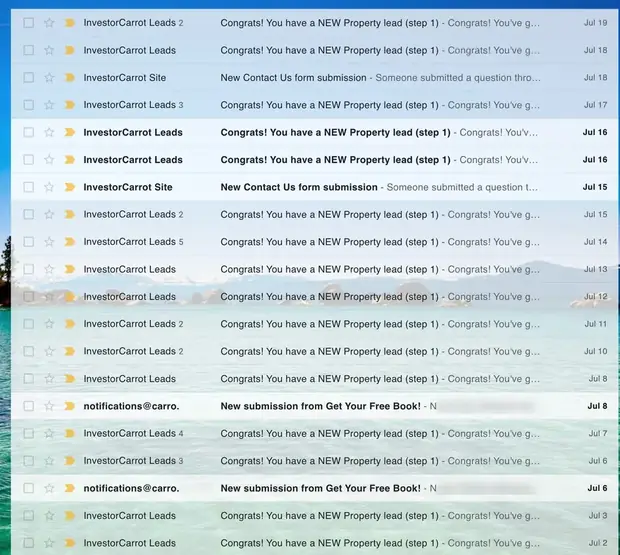 Her inbox through July: row after row of &ldquo;Congrats! You have a NEW Property lead&rdquo; from InvestorCarrot, several days carrying two, three or five at once, running from the 2nd to the 19th.