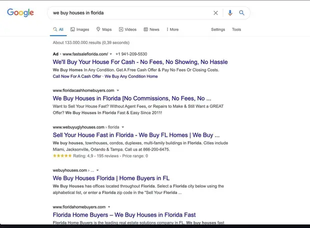 Google results for &ldquo;we buy houses in florida&rdquo;. Below a single paid ad, the first organic listing is his own company, floridacashhomebuyers.com, above We Buy Ugly Houses and webuyhouses.com.