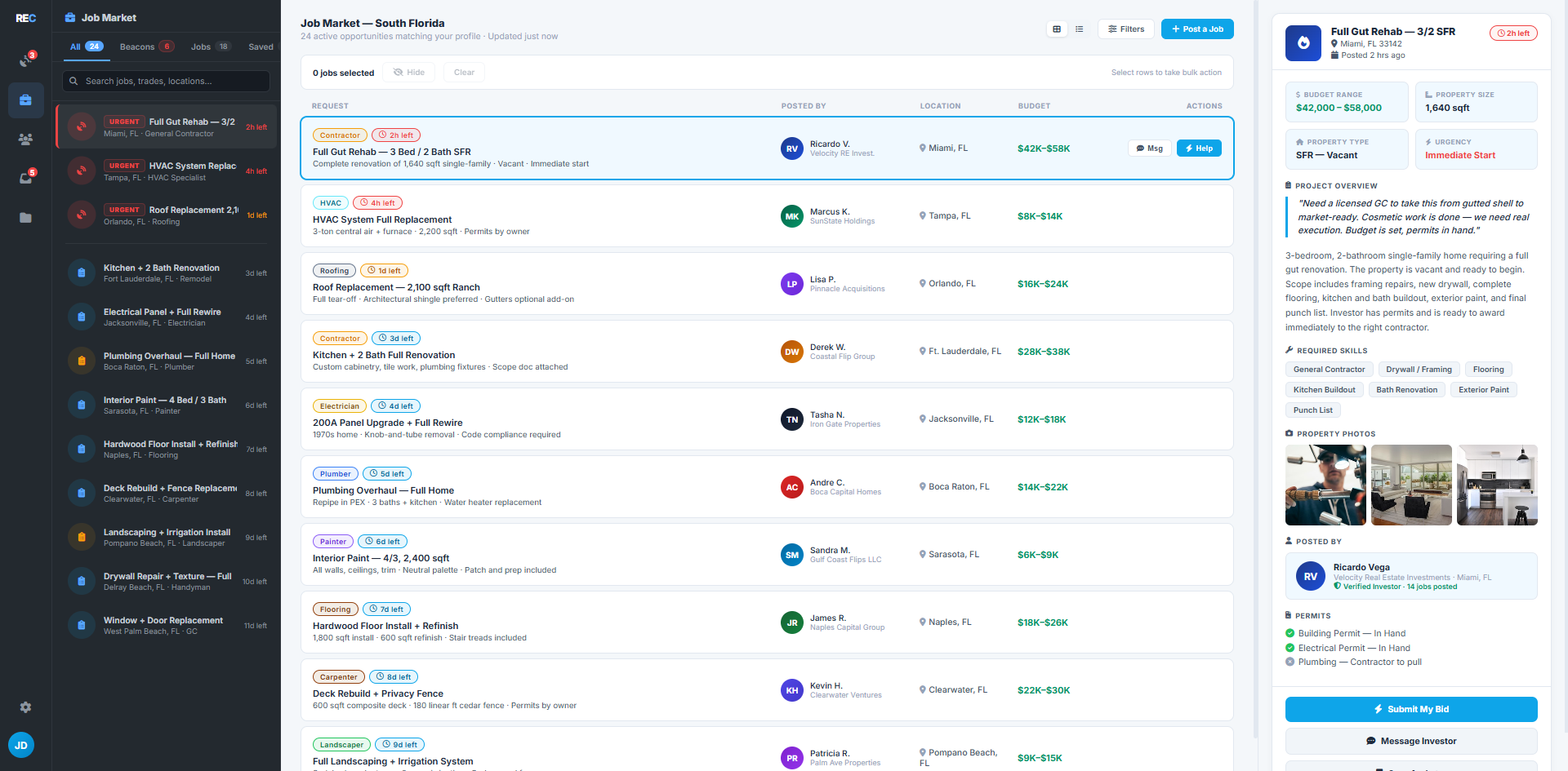 REConnect: the job market, with an investor&rsquo;s gut rehab open alongside its budget, permits and bid button
