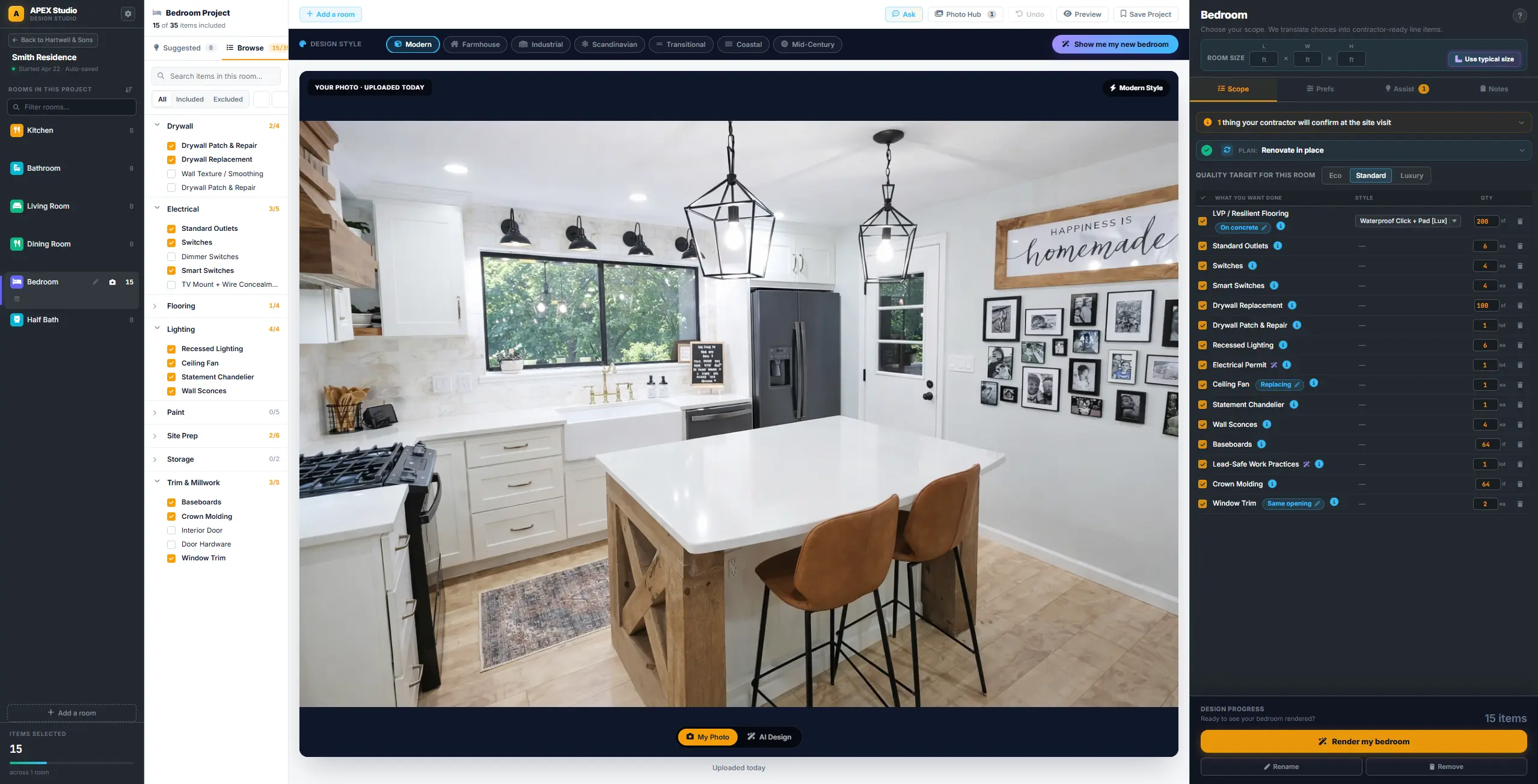 Design Studio: the room list, the style picker and the line items a homeowner&rsquo;s choices write