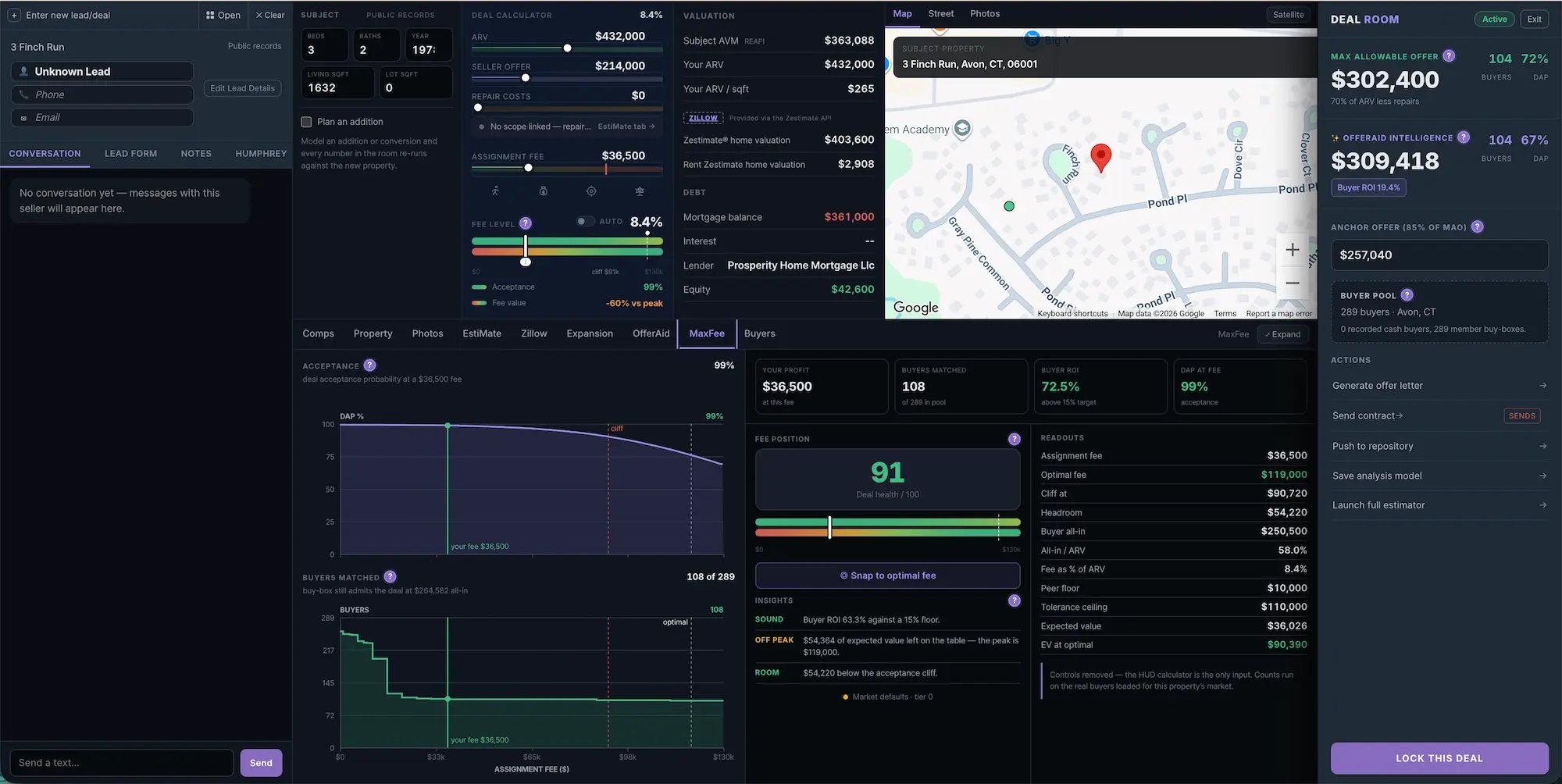 MaxFee in Apex Vivus: the assignment fee scored against the acceptance ceiling, showing the current fee of $25,000, the $32,460 ceiling and the $7,460 of headroom between them